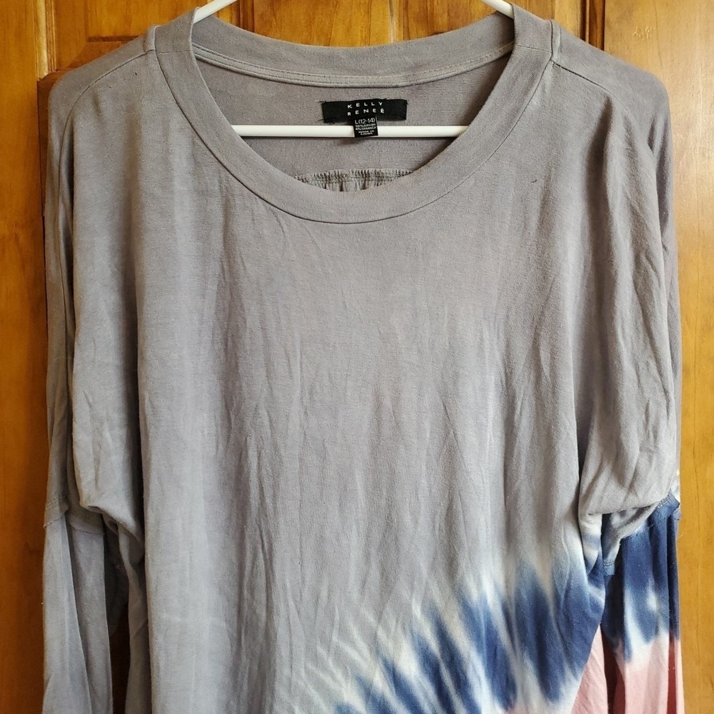 Kelly‎ Renee Large Top Womens Grey Pink Tie Dye Long Sleeve Relaxed High Low Hem